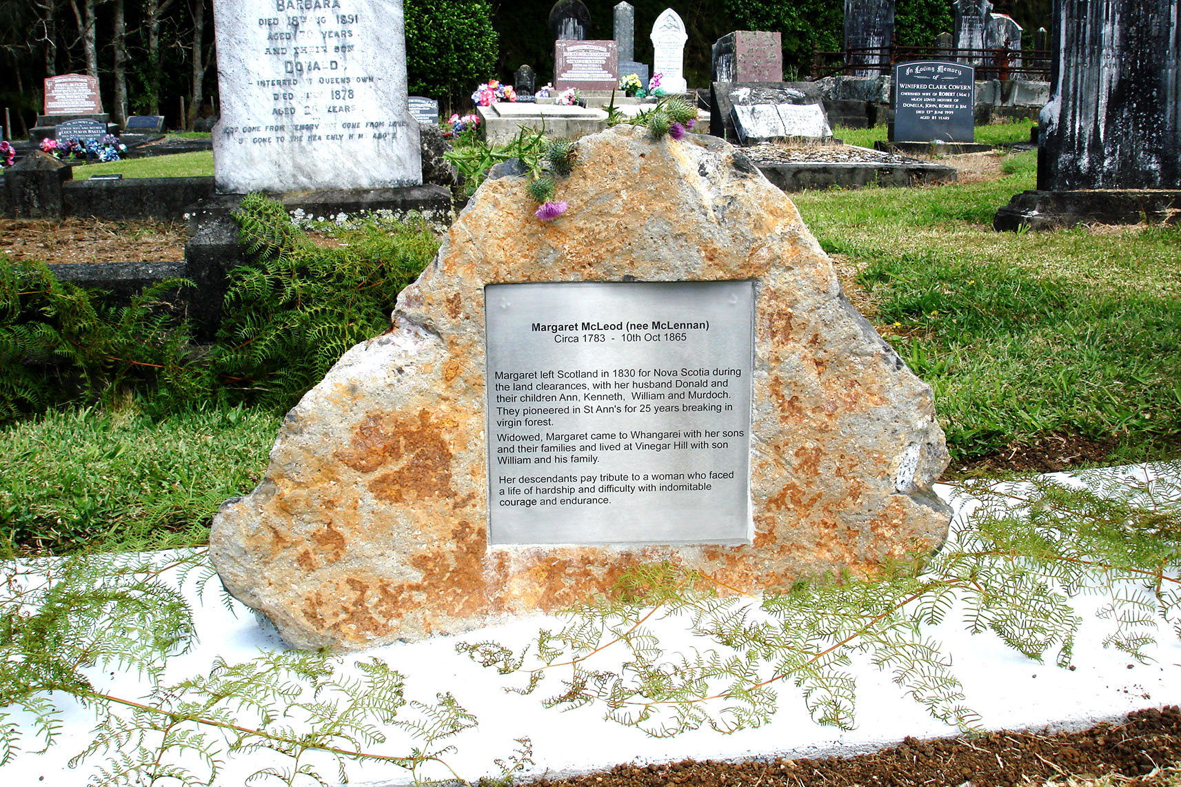 Photo of headstones/Margaret McLeod d1865 hdstn unveiling 2Jan13 Kauri Chyd